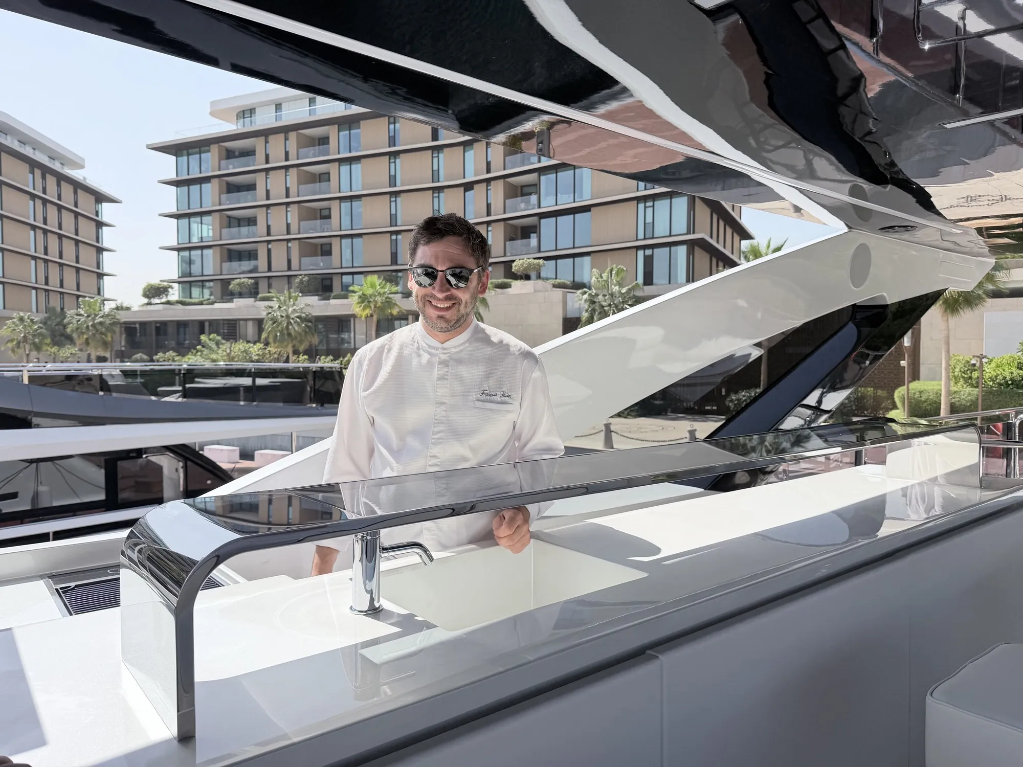 Chef François Savin aboard a yacht in Dubai marina.
