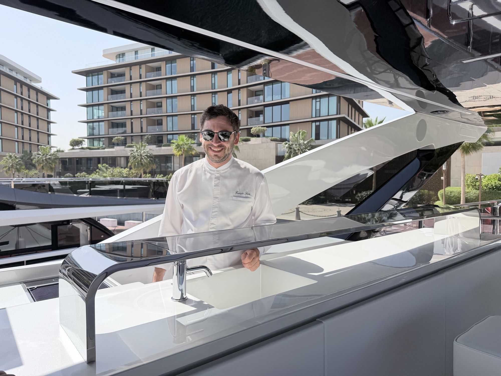 Chef François Savin on a luxury yacht in Dubai, where he spends the winter season.