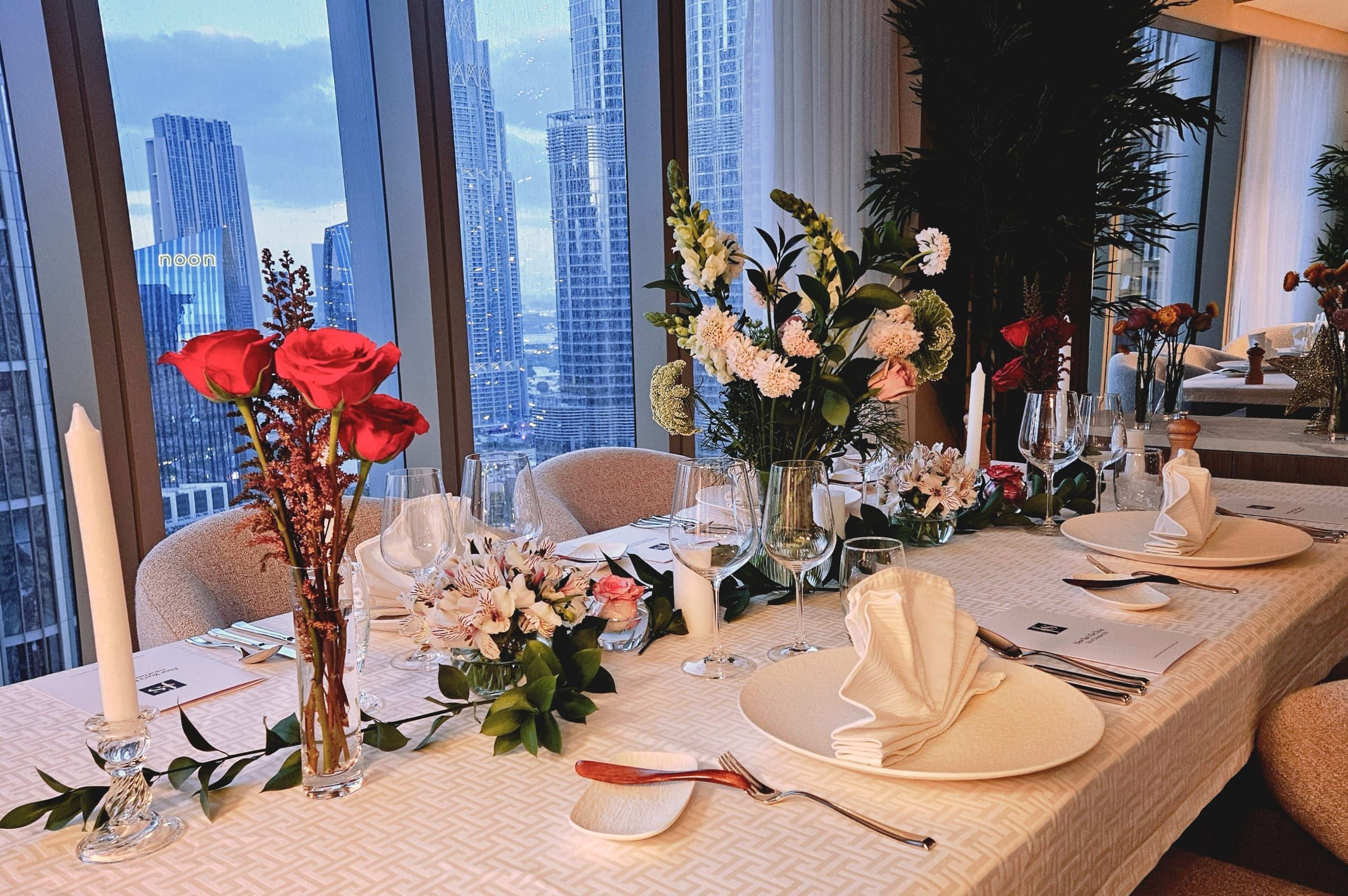 A festive New Year's Eve dining table dressed for the evening in Dubai