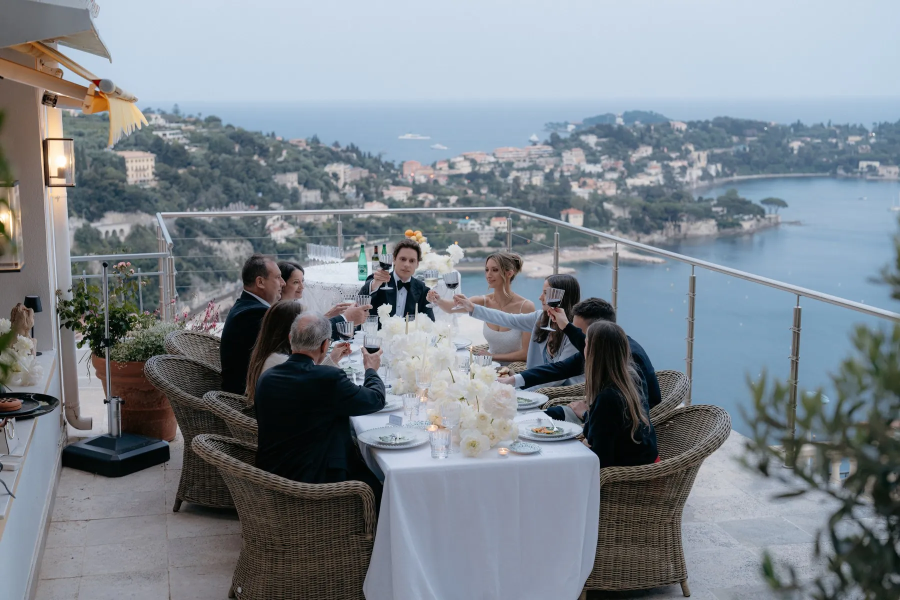 Riviera tablescape dressed beside the sea — a private dinner on the Palm.