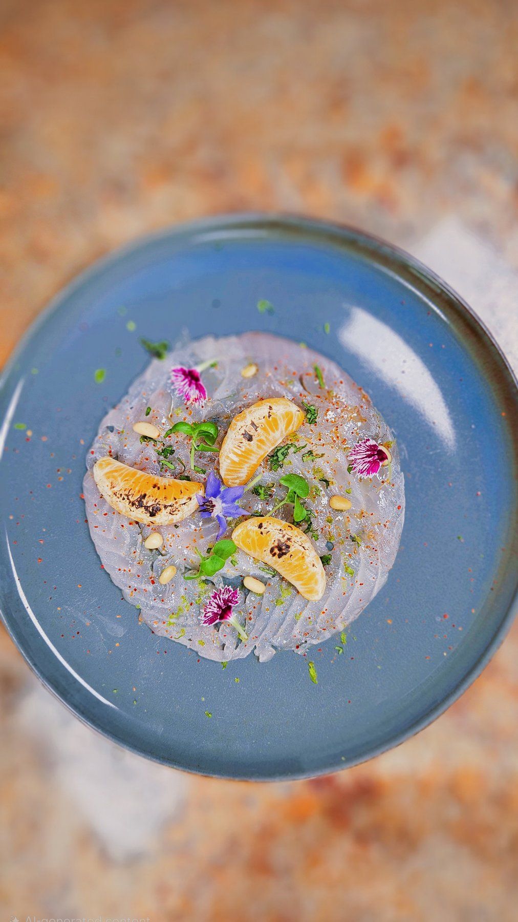 Fish carpaccio plated with mandarin segments, pine nuts and edible flowers — overhead view.