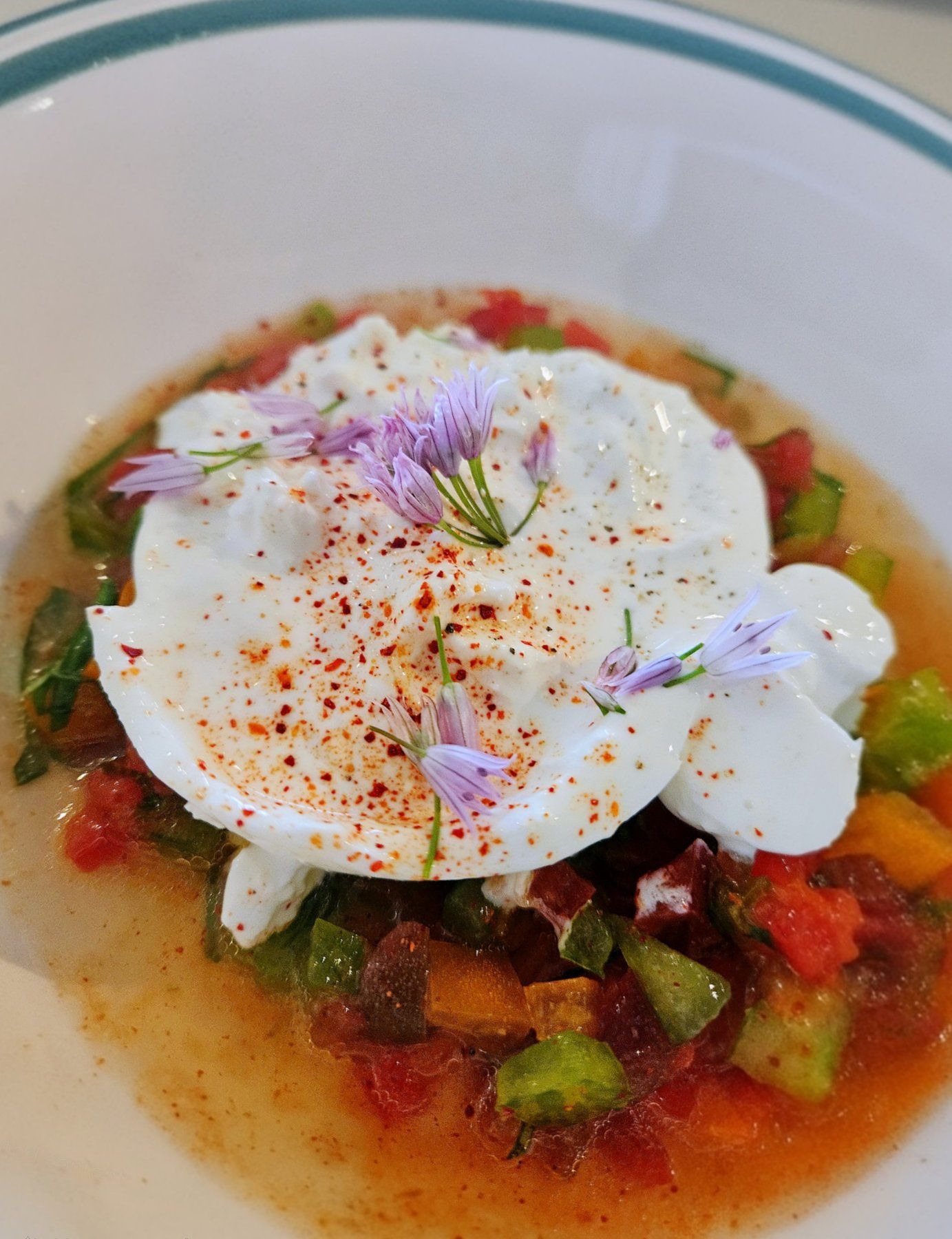 Burrata on crushed tomatoes and diced vegetables, finished with chive flowers and paprika.